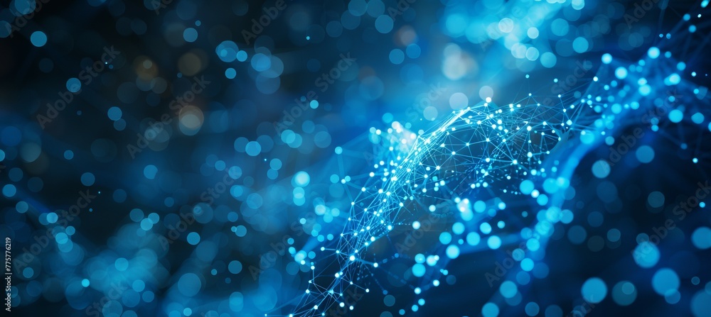 Aufkleber Blue data particles wave flow technology background. Digital virtual space concept. Generative AI technology.	
