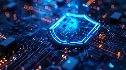 Illuminated Digital Security Shield on Circuitry - obrazy, fototapety, plakaty