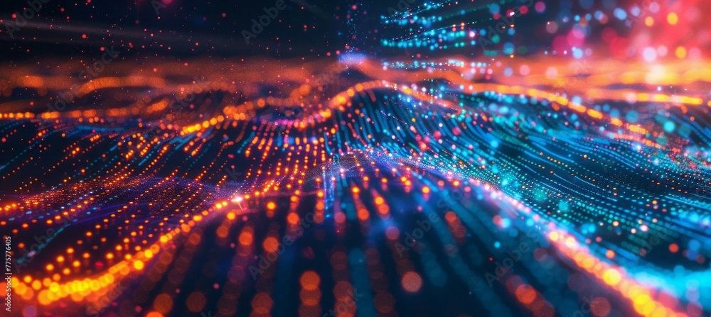 Aufkleber Colorful data particles wave flow technology. Digital virtual space concept. Generative AI technology.	

