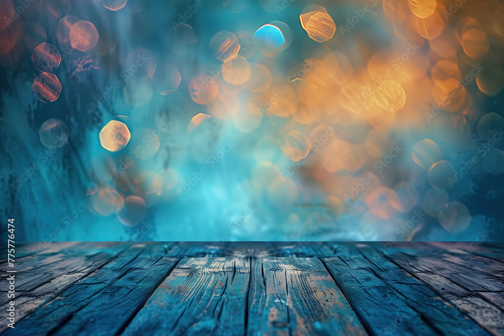 Poster wooden table with blurred lights and bokeh. background image. created with generative ai technology.