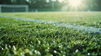Fresh, lush green soccer field, immaculately kept for football, team sport surface close-up, - obrazy, fototapety, plakaty