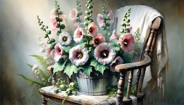 Watercolor Painting of Hollyhocks Flowers