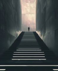 A person stands at the top of an endless staircase, illuminated from above The stairs appear to stretch out into infinity