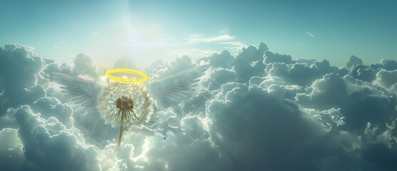 God's dandelion. Kind angelic pure holy white fluffy airy among the clouds, immaculate. Background wallpaper screen