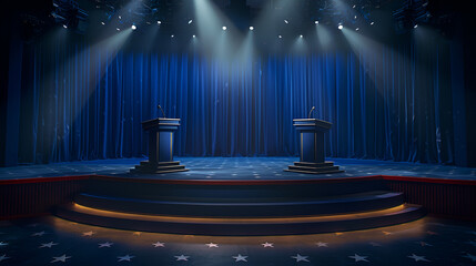 debate stage with two podiums and no one behind them, Generative Ai - obrazy, fototapety, plakaty