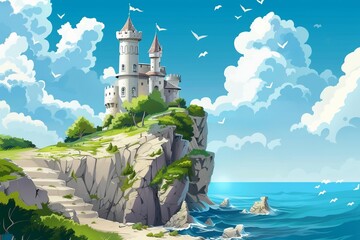 A stunning painting of a castle situated on a cliff with a breathtaking view of the ocean. - obrazy, fototapety, plakaty