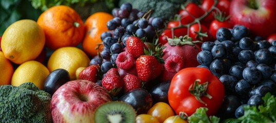 Variety of fresh fruits background. Generative AI technology.	
