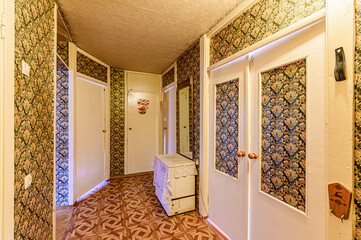standard room interior apartment. room doors, renovation corridor lobby entrance hall