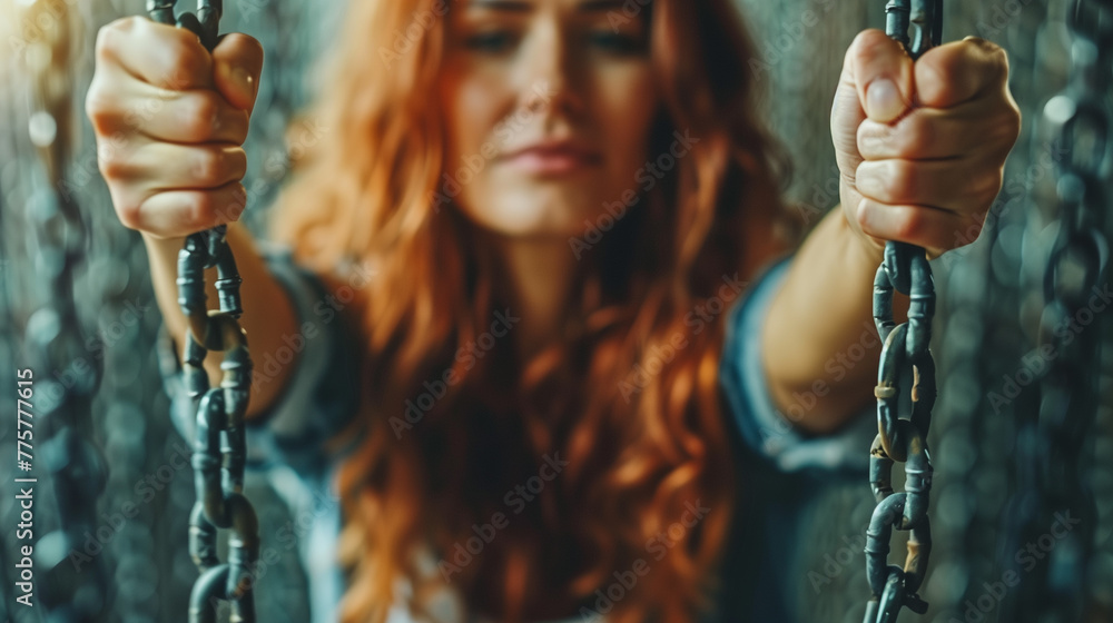 Wall mural a red-haired woman holding two chains with two hands, which symbolizes the limitations that a person has invented for himself