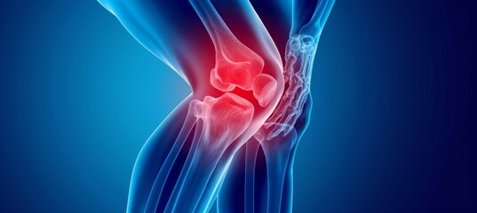 Knee pain trauma x-ray visual. Medical treatment healthcare concept. Generative AI technology.