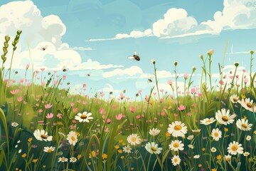 An art piece depicting a meadow brimming with vibrant wildflowers and a bee flying among them.