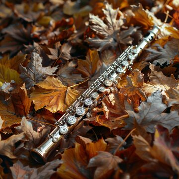 A silver flute lies on a bed of vibrant autumn leaves with the golden light enhancing the warmth of the scene evoking a feeling of nostalgic