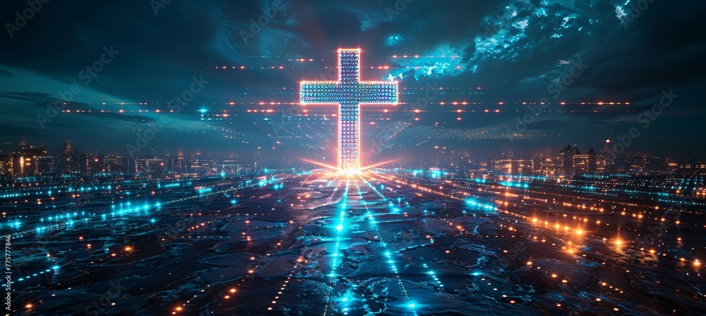 Poster digital christian jesus cross symbol. generative ai technology.