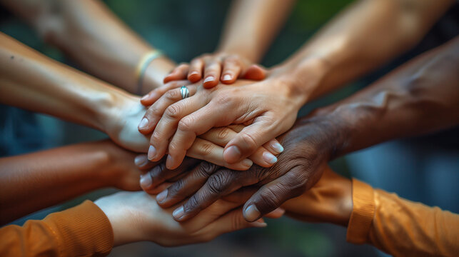 many multinational hands placed on each other as a sign of support and coordinated action of people for the benefit of one goal