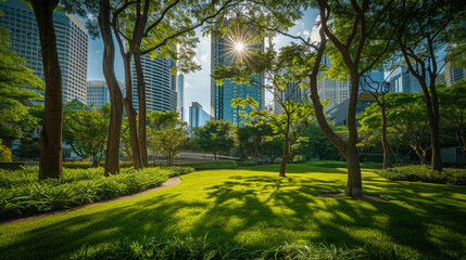 Green oasis in bustling city, vibrant public park amidst downtown business district, urban tranquility