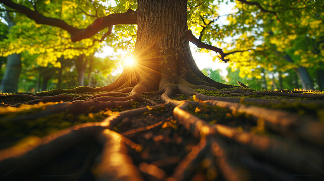 the roots of a large, healthy tree that is well nourished by the fertile soil, the tree of life from behind the trunk of which the sun shines
