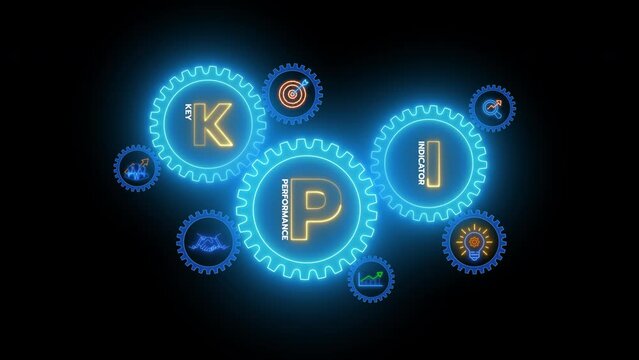 KPI Business analytics. Data analytics report. Key Performance Indicators on information dashboard for business strategy and business intelligence. Animation group of gears with KPI icons.