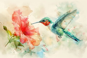 6K watercolor of a hummingbird, detailed pastel hues, hovering over a flower, soft and intricate