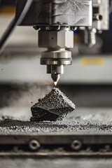 A glimpse into the future of manufacturing  a 3D printer meticulously crafting a mechanical detail from metal powder in a workshop