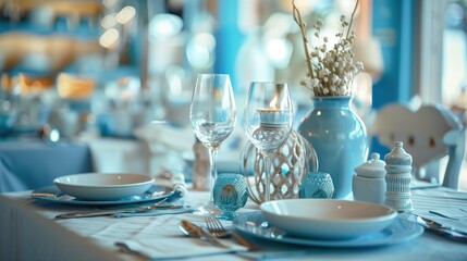 Mediterranean-inspired table arrangement in a restaurant interior, featuring soothing light blue hues, real photo --ar 16:9 Job ID: 1dc16109-00eb-449b-889e-12bc052058f9 - obrazy, fototapety, plakaty