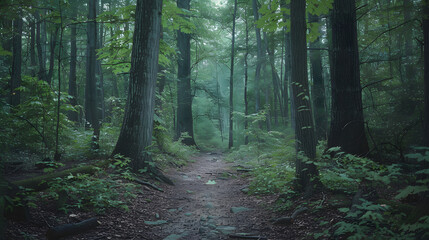 Obraz premium Serene Misty Forest Path Surrounded by Lush Green Trees and Foliage on a Tranquil Morning