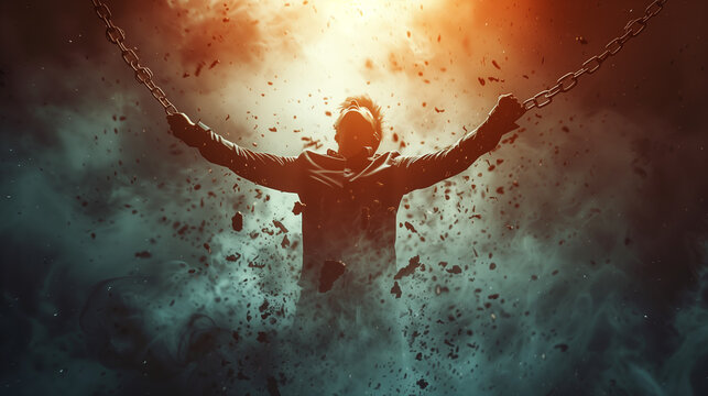 the silhouette of a man in a suit who is bound by chains and he tries with all his might to break them so that pieces of earth and smoke fly everywhere