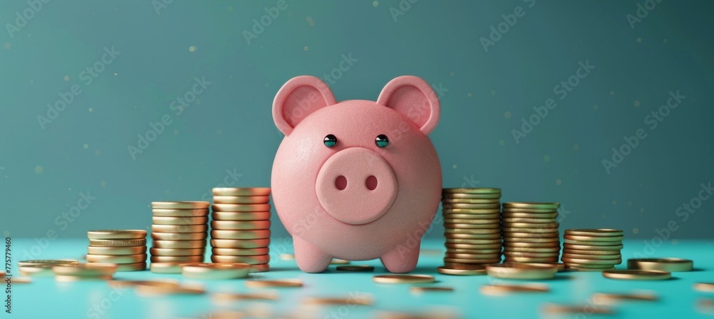 Poster piggy bank and gold coins saving. business investment and interest concept. generative ai technology