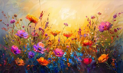 vibrant flowers in the sun, oil painting, colorful