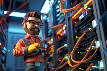 Cartoon network technician working on server hardware in data center