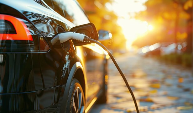 Charging a black electric car at sunset on a city street. The concept of innovative electric transportation.