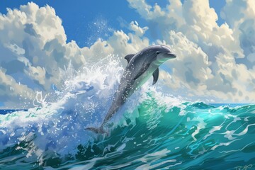 A painting capturing the vibrant action of a dolphin playfully leaping out of the ocean waves.