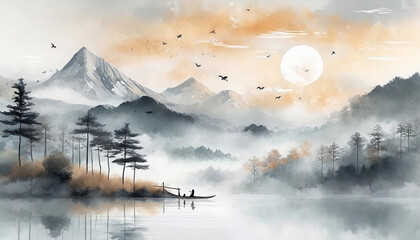 A serene minimalistic landscape in scandi art style with subtle japandi touches in shades 