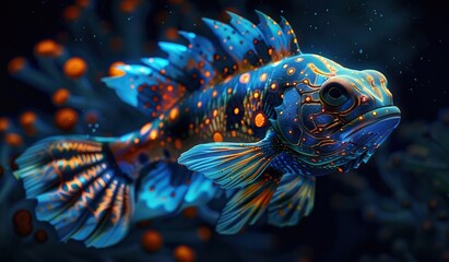 A tropical fish with bright blue and orange patterns on a dark underwater world background. The concept of tropical marine life and biodiversity.