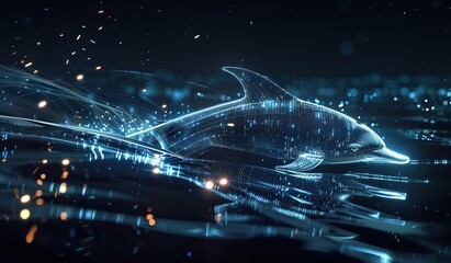 Digital image of a dolphin made of blue glowing particles on a dark background with reflection in the water. The concept of cybernetic nature and marine animals.