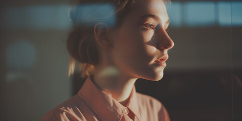 A young woman gazes out, her profile illuminated by the golden light of sunset, with a soft reflection on glass