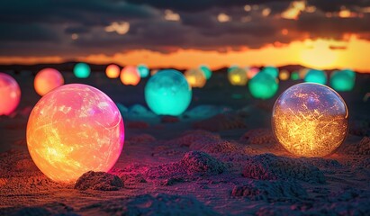 Colorful glowing orbs on the beach at dusk. The concept of festivity and magic.