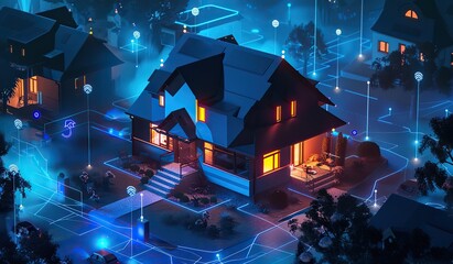 House with blue light lines symbolizing the internet network. The concept of a smart home and connectivity.