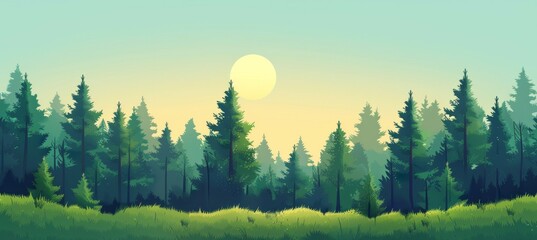 Pine forest at sunset scene illustration. Generative AI technology. - obrazy, fototapety, plakaty