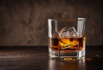closeup whiskey or scotch in glass with ice cube on brown background