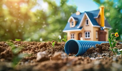Miniature house with a blue roof on the ground next to a short blue plastic pipeline and a young plant. The concept of eco-friendly housing. - obrazy, fototapety, plakaty