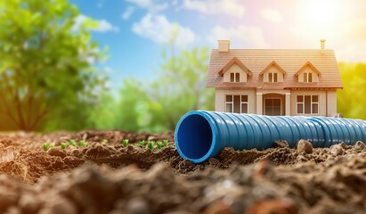 Fototapeta premium House against the background of a construction water pipe. The concept of urban development and utilities.