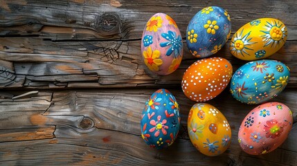 Naklejka na ściany i meble Colorful hand-painted Easter eggs on rustic wooden background