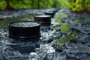 Row of Black Cups on Puddle of Water