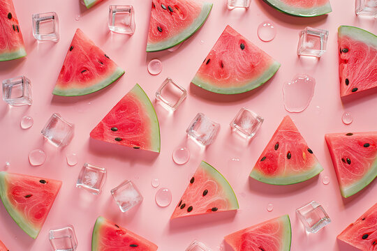 
Top view pattern of watermelon slices and ice cubes on a pink background, in a flat lay. Minimal summer concept. - Powered by Adobe