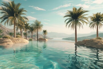 A tranquil desert oasis featuring a pool surrounded by palm trees and a majestic mountain in the background.