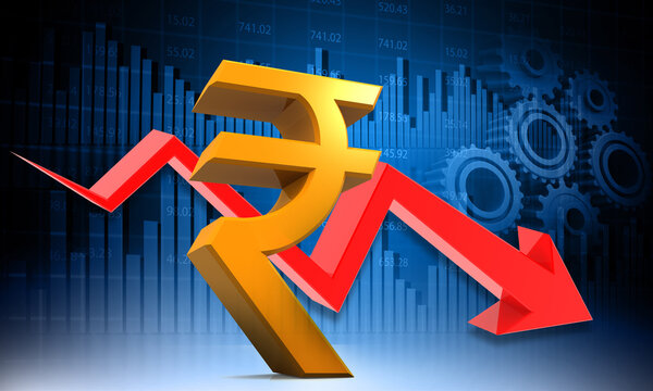Indian rupee symbol with dowan arrow graph on stock market background. Indian stock market crash. 3d illustration..