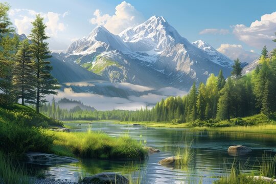 A captivating painting capturing a majestic mountain range with a river running through the landscape.