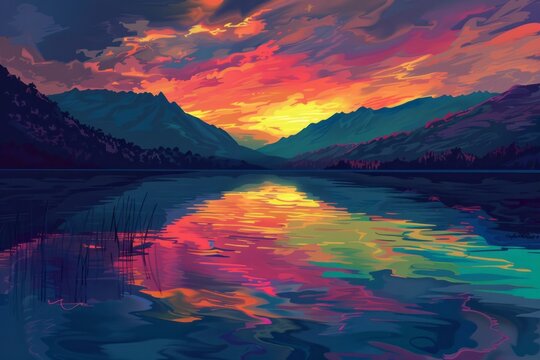 A serene depiction of a sunset over a tranquil lake, with the calming hues of the sky and water reflected in the artwork.