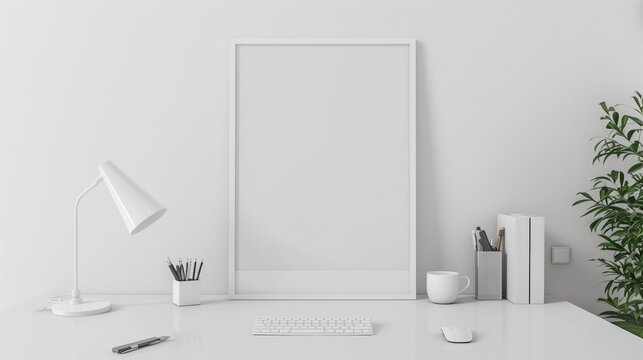Poster mockup with vertical white frame in working room white background real photo
