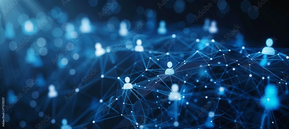 Poster People networking technology user structure connect dots and lines at virtual space. Team social linked global digital internet database. Generative AI technology.